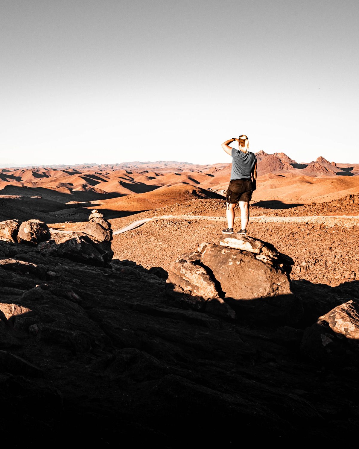 Anne in the Anti-Atlas mountains in Morocco Anne standing on a rock in the Anti-Atlas mountains in Morocco, overlooking a wide rugged landscape that reflects the Terrain Check theme.